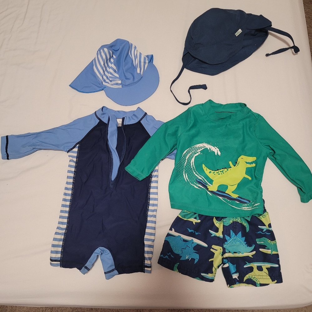 Baby Boy Rash Guard One Piece Swimsuit/ Dinosaur Swim Set with Hat - 12 Month